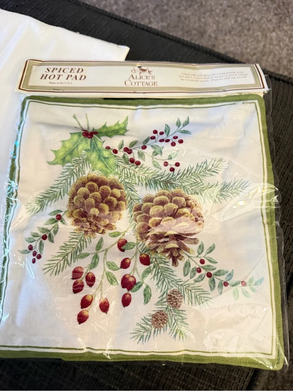 White Holiday Pinecone Spiced Hot Pad and tea towel.